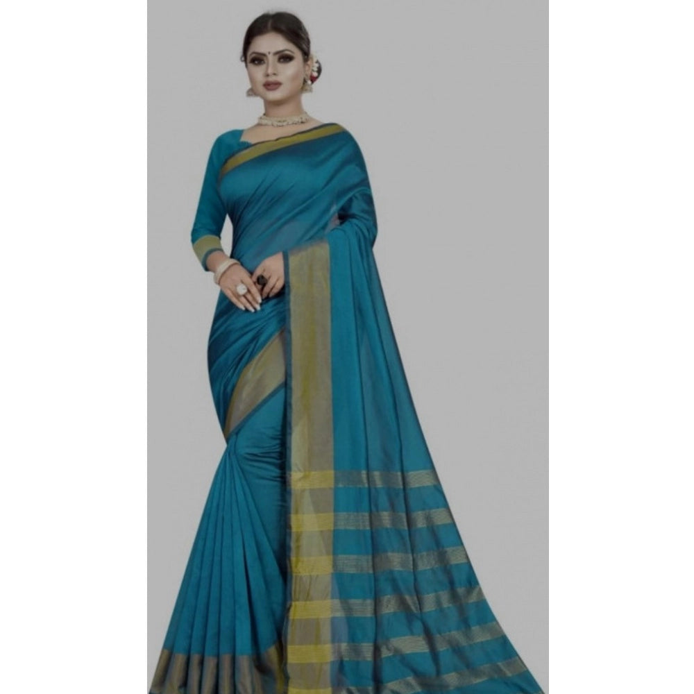 Amfyn Women's Cotton Woven Saree With Unstitched Blouse (Light Blue, 5-5 Mtrs)