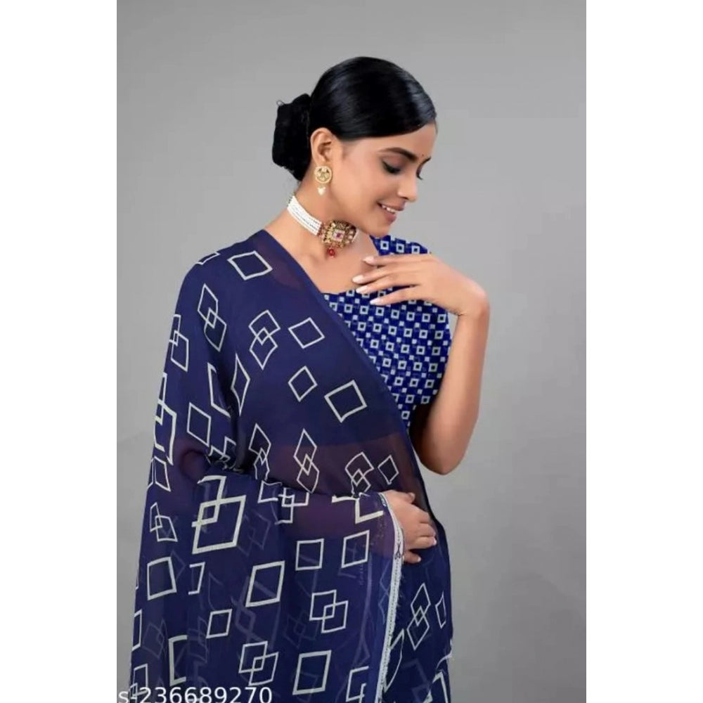 Amfyn Women's Georgette Printed Saree With Unstitched Blouse (Dark Blue, 5-5 Mtrs)