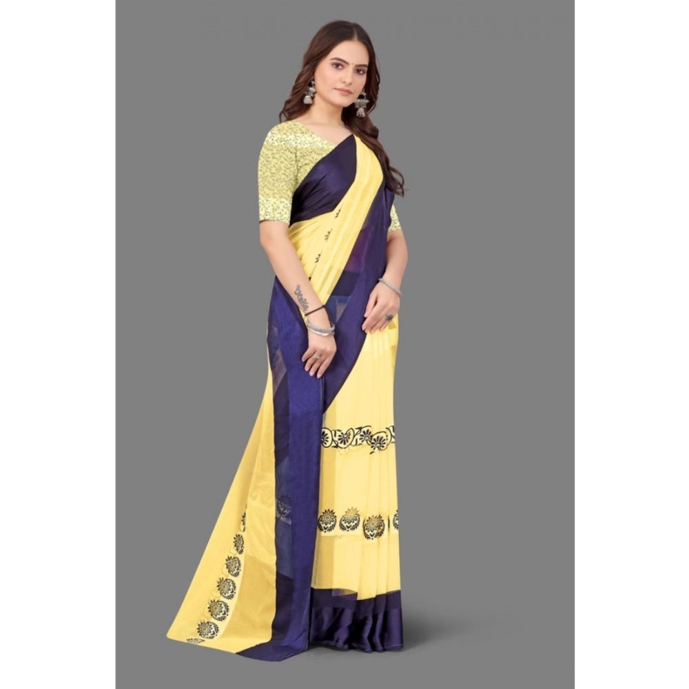 Amfyn Women's Sattin Patta Printed Saree With Unstitched Blouse (Yellow, 5-5 Mtrs)