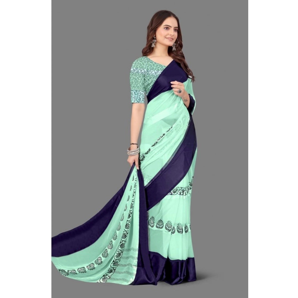 Amfyn Women's Sattin Patta Printed Saree With Unstitched Blouse (Blue, 5-5 Mtrs)