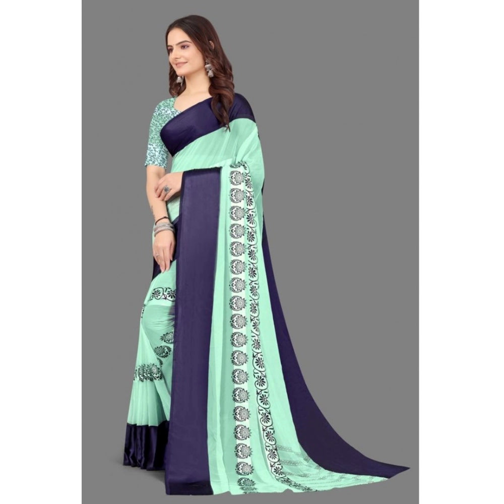 Amfyn Women's Sattin Patta Printed Saree With Unstitched Blouse (Blue, 5-5 Mtrs)