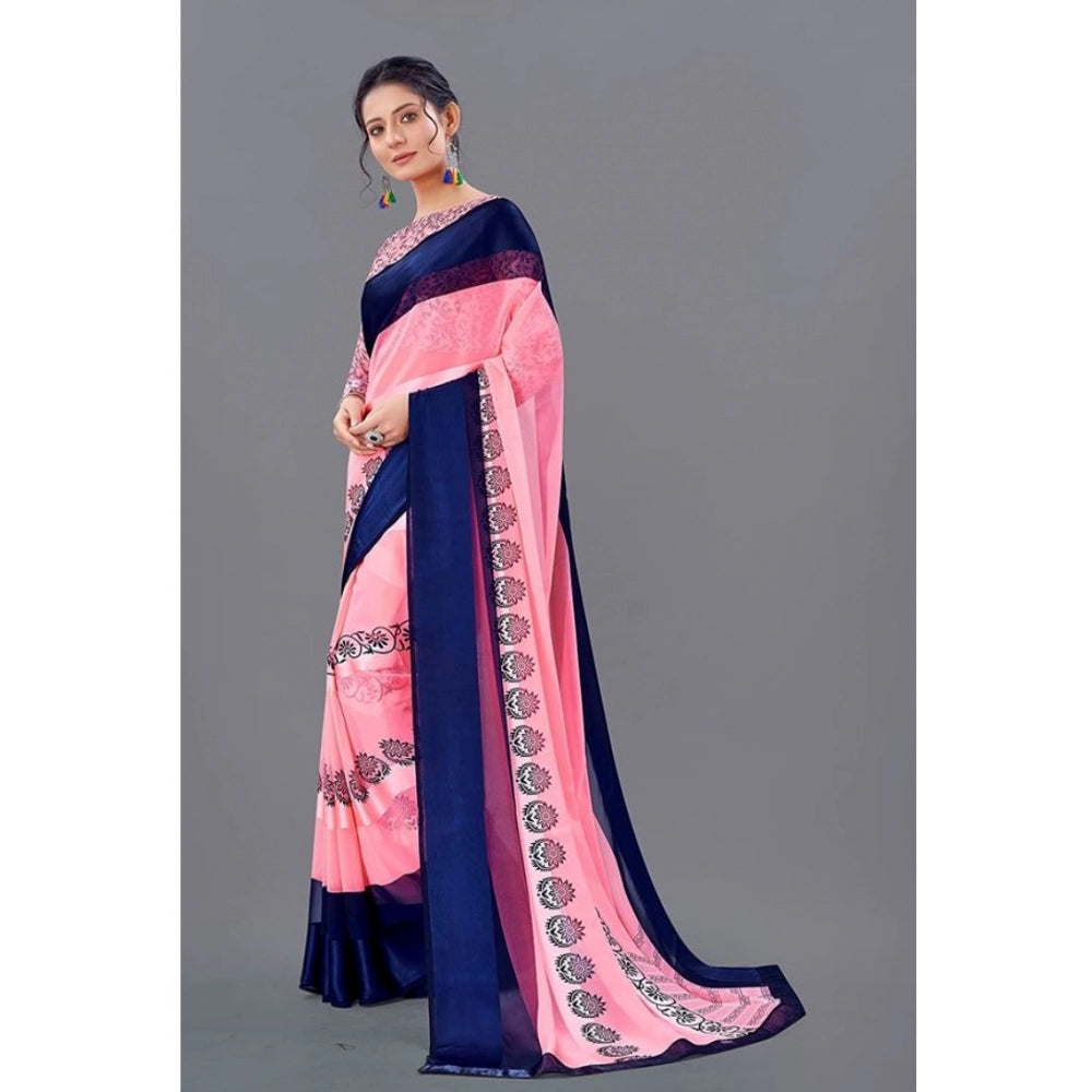 Amfyn Women's Sattin Patta Printed Saree With Unstitched Blouse (Pink, 5-5 Mtrs)