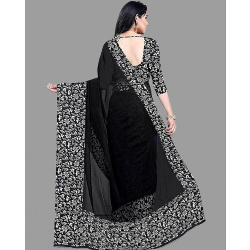 Amfyn Women's Sattin Patta Printed Saree With Unstitched Blouse (Black, 5-5 Mtrs)