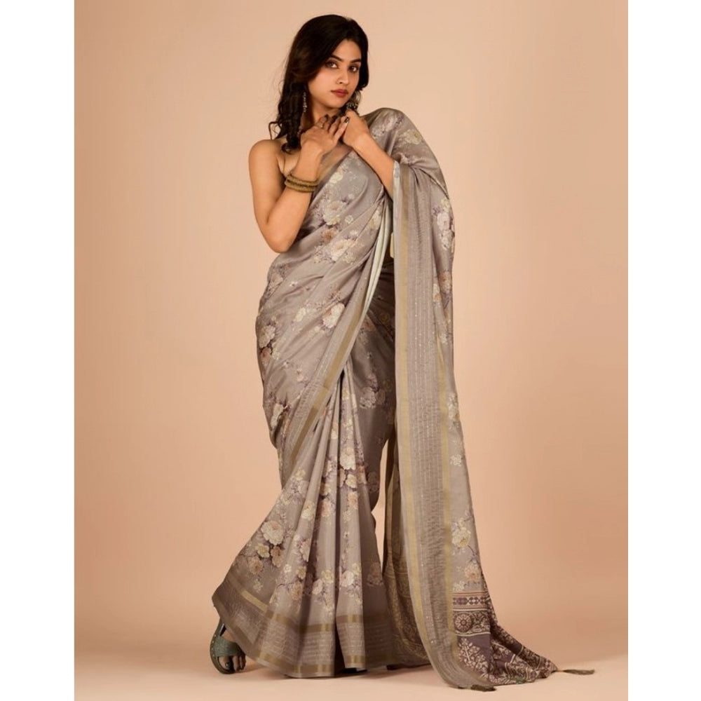 Amfyn Women's Digital Printed Saree With Unstitched Blouse (Cream, 5-5 Mtrs)