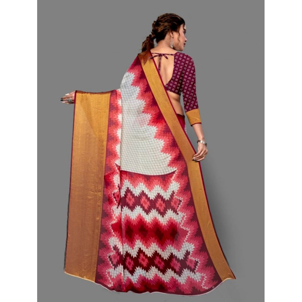 Amfyn Women's Chiffon Printed Saree With Unstitched Blouse (Maroon, 5-5 Mtrs)