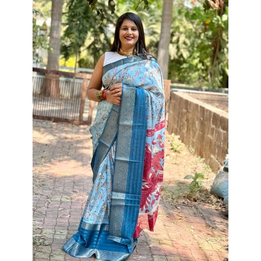 Amfyn Women's Dola Silk Printed Saree With Unstitched Blouse (Sky Blue, 5-5 Mtrs)