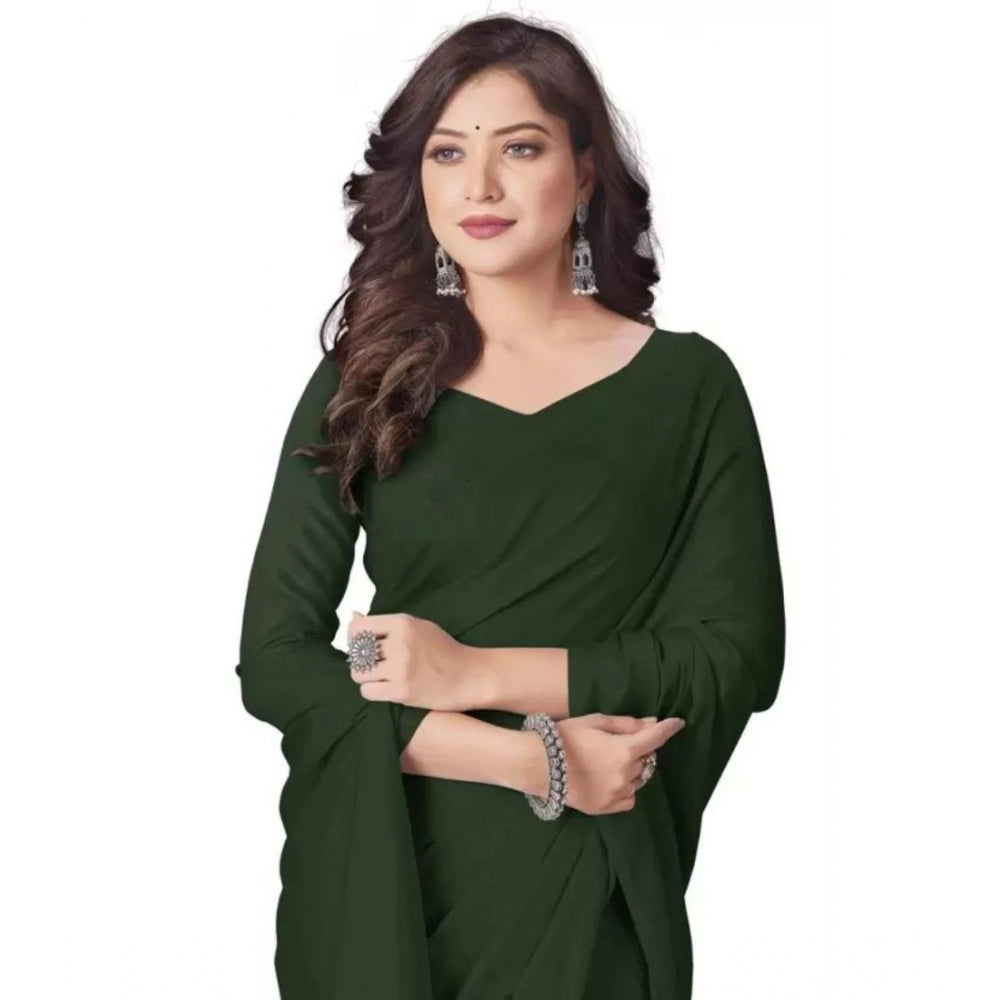 Amfyn Women's Georgette Solid Saree With Unstitched Blouse (Green, 5-5 Mtrs)