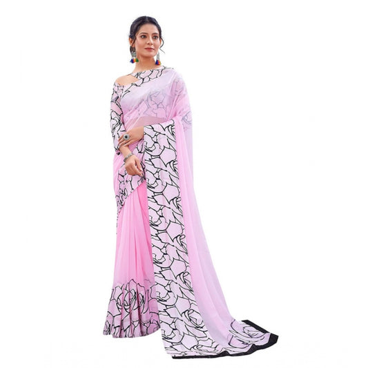 Amfyn Women's Sattin Patta Printed Saree With Unstitched Blouse (Baby-Pink, 5-5 Mtrs)