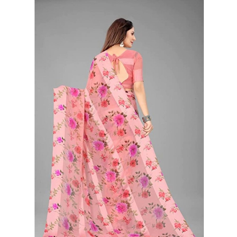 Amfyn Women's Sattin Patta Printed Saree With Unstitched Blouse (Pink, 5-5 Mtrs)