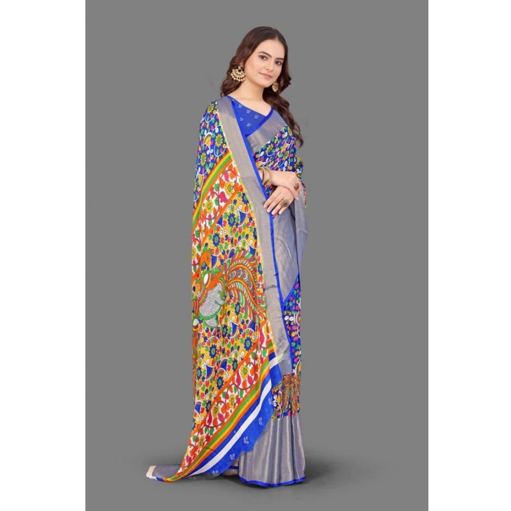 Amfyn Women's Chiffon Printed Saree With Unstitched Blouse (Blue, 5-5 Mtrs)