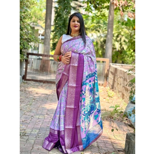 Amfyn Women's Dola Silk Printed Saree With Unstitched Blouse (Purple, 5-5 Mtrs)