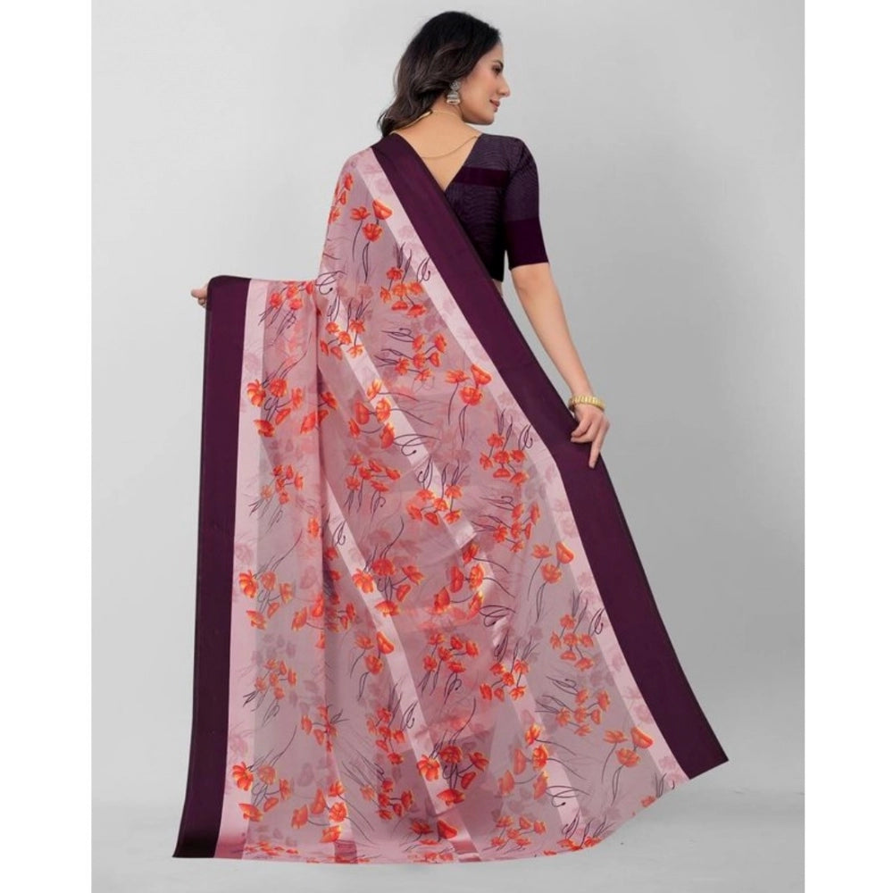 Amfyn Women's Sattin Patta Printed Saree With Unstitched Blouse (Pink, 5-5 Mtrs)