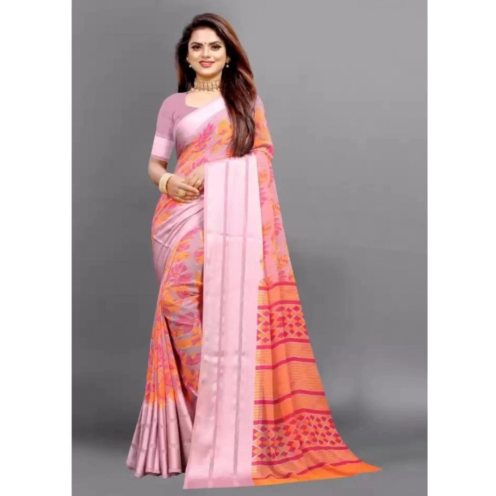 Amfyn Women's Sattin Patta Printed Saree With Unstitched Blouse (Orange, 5-5 Mtrs)