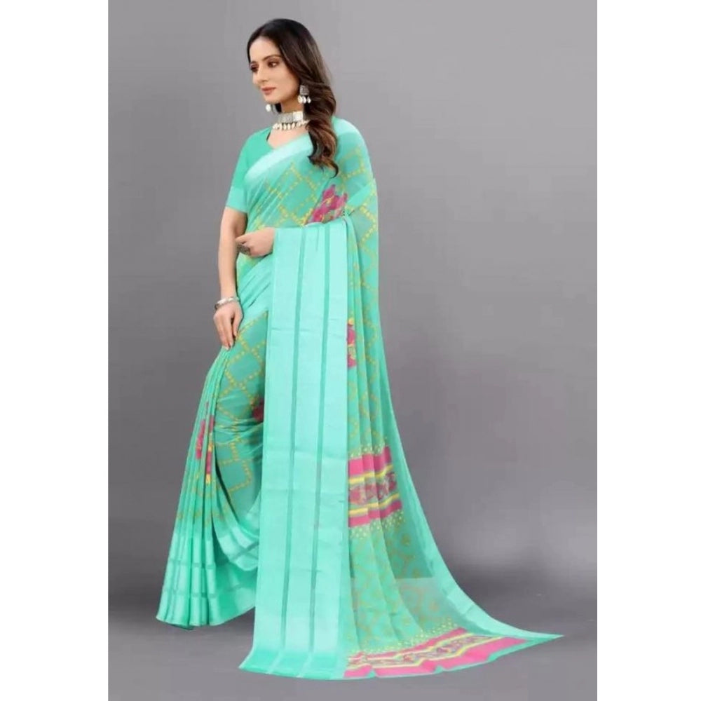 Amfyn Women's Sattin Patta Printed Saree With Unstitched Blouse (Green, 5-5 Mtrs)