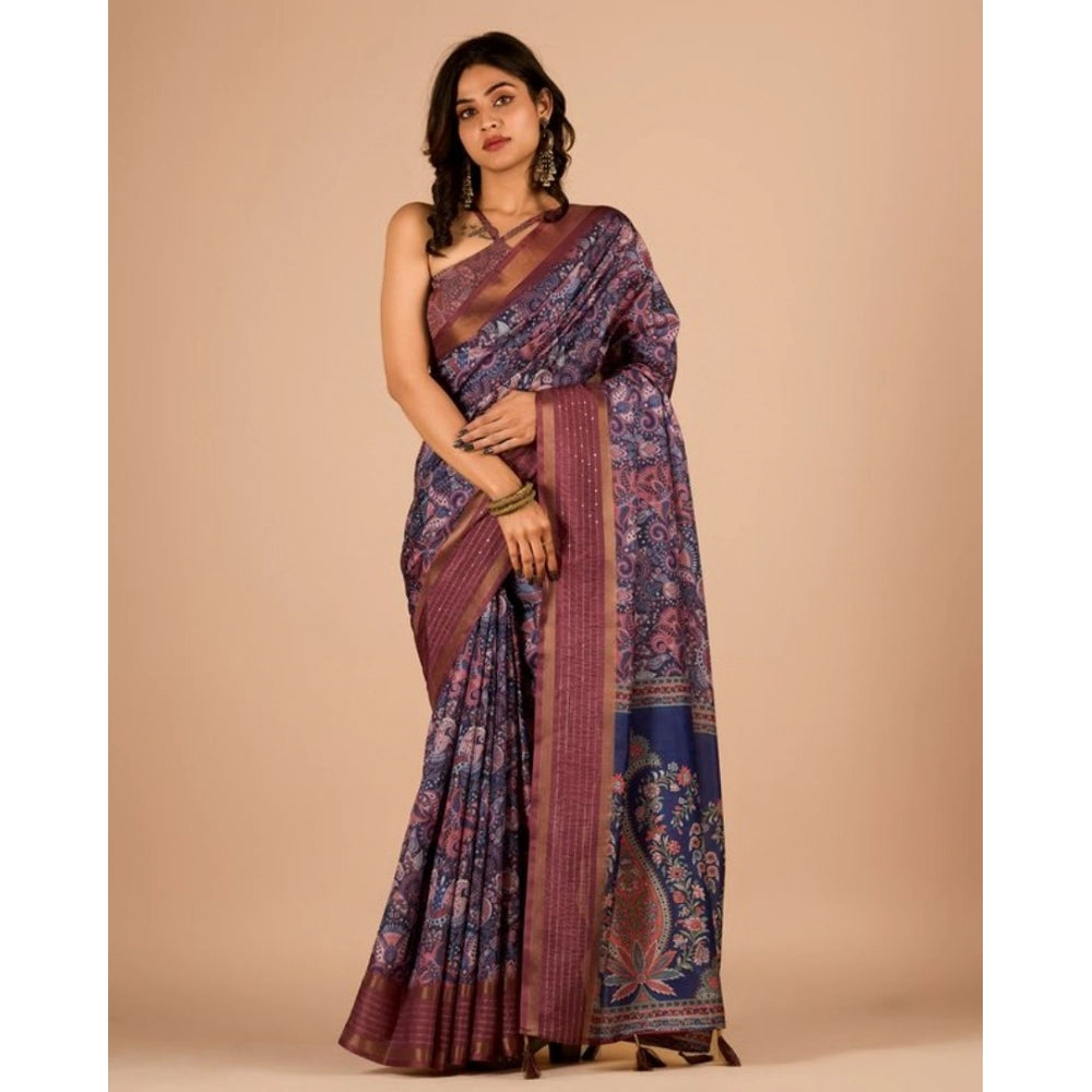 Amfyn Women's Digital Printed Saree With Unstitched Blouse (Navy, 5-5 Mtrs)