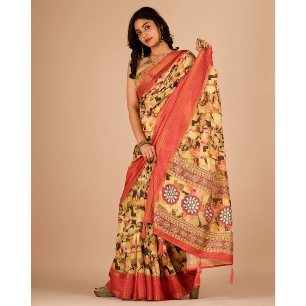 Amfyn Women's Digital Printed Saree With Unstitched Blouse (Yellow, 5-5 Mtrs)