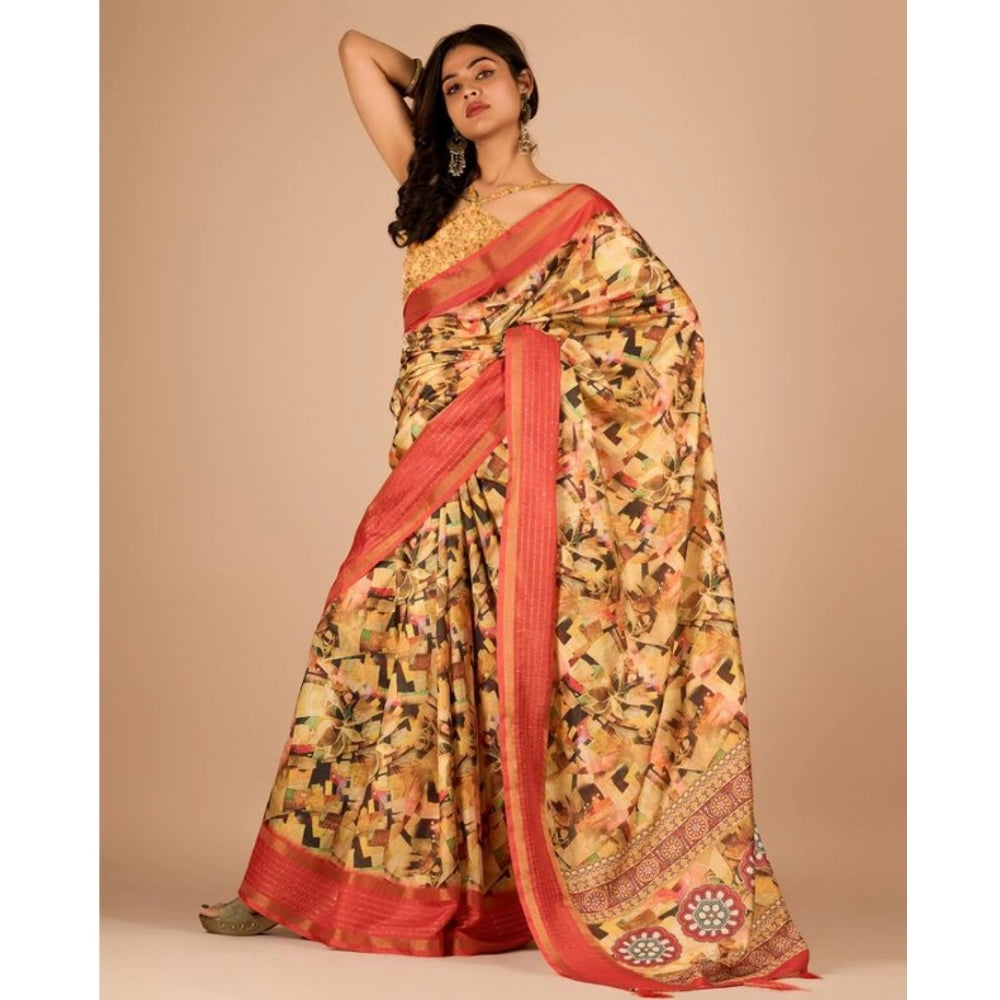 Amfyn Women's Digital Printed Saree With Unstitched Blouse (Yellow, 5-5 Mtrs)