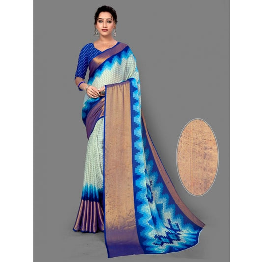 Amfyn Women's Chiffon Printed Saree With Unstitched Blouse (Blue, 5-5 Mtrs)