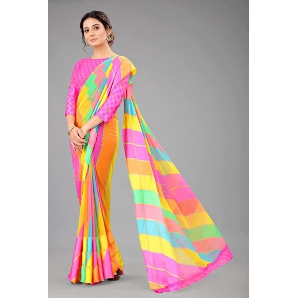 Amfyn Women's Sattin Patta Striped Saree With Unstitched Blouse (Pink, 5-5 Mtrs)