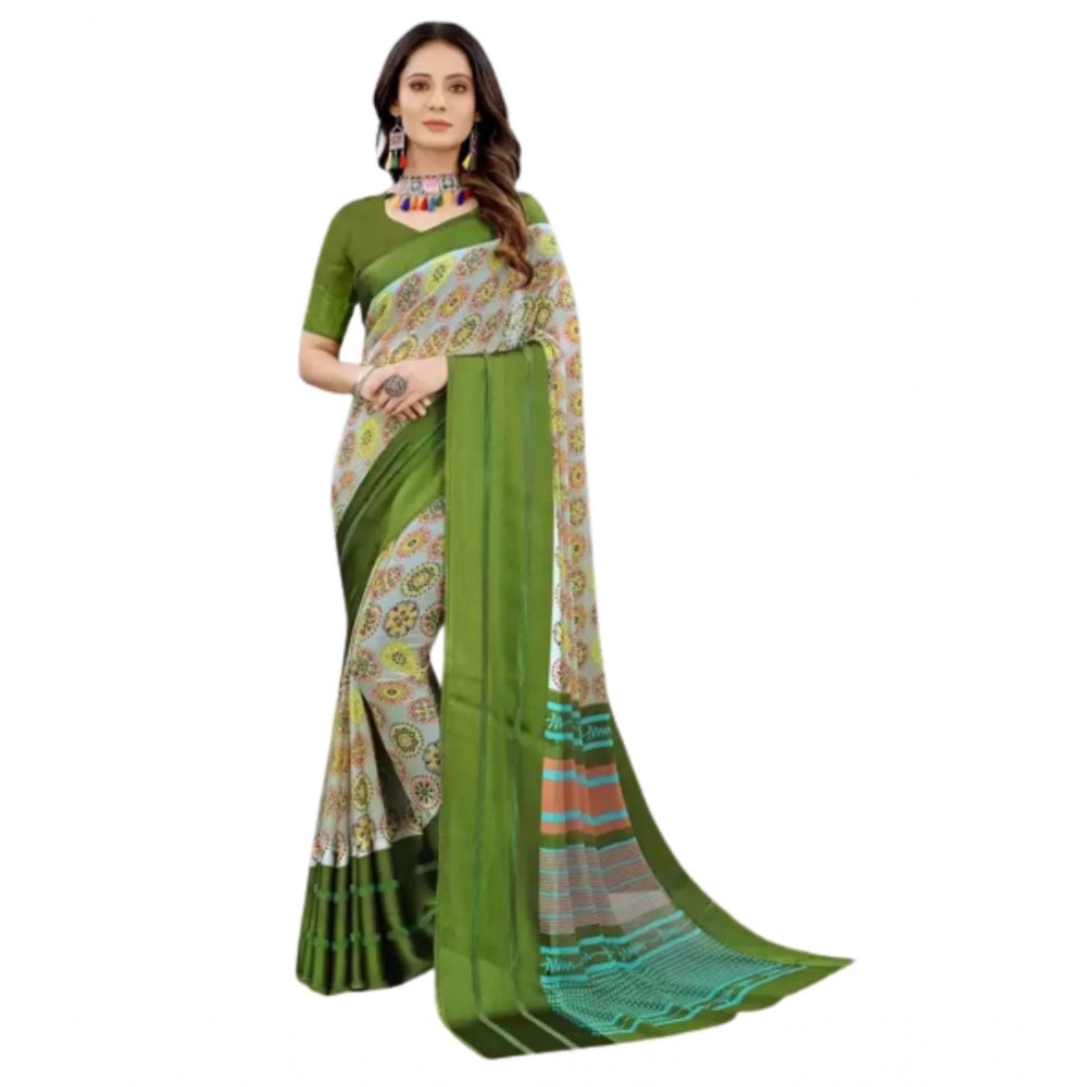 Amfyn Women's Sattin Patta Printed Saree With Unstitched Blouse (Olive, 5-5 Mtrs)