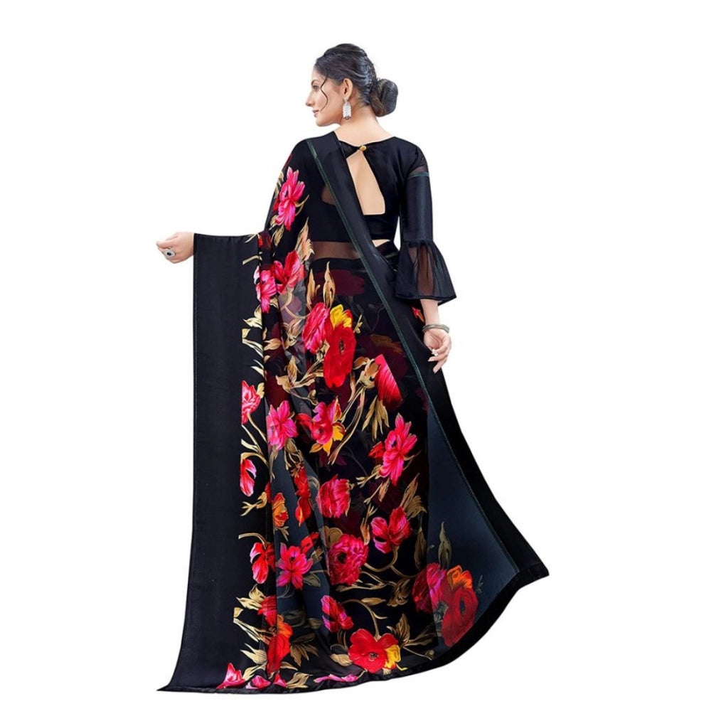 Amfyn Women's Sattin Patta Printed Saree With Unstitched Blouse (Black, 5-5 Mtrs)