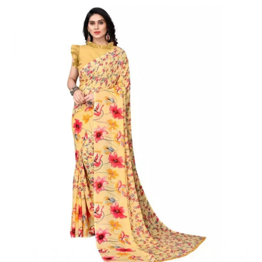 Amfyn Women's Sattin Patta Printed Saree With Unstitched Blouse (Yellow, 5-5 Mtrs)