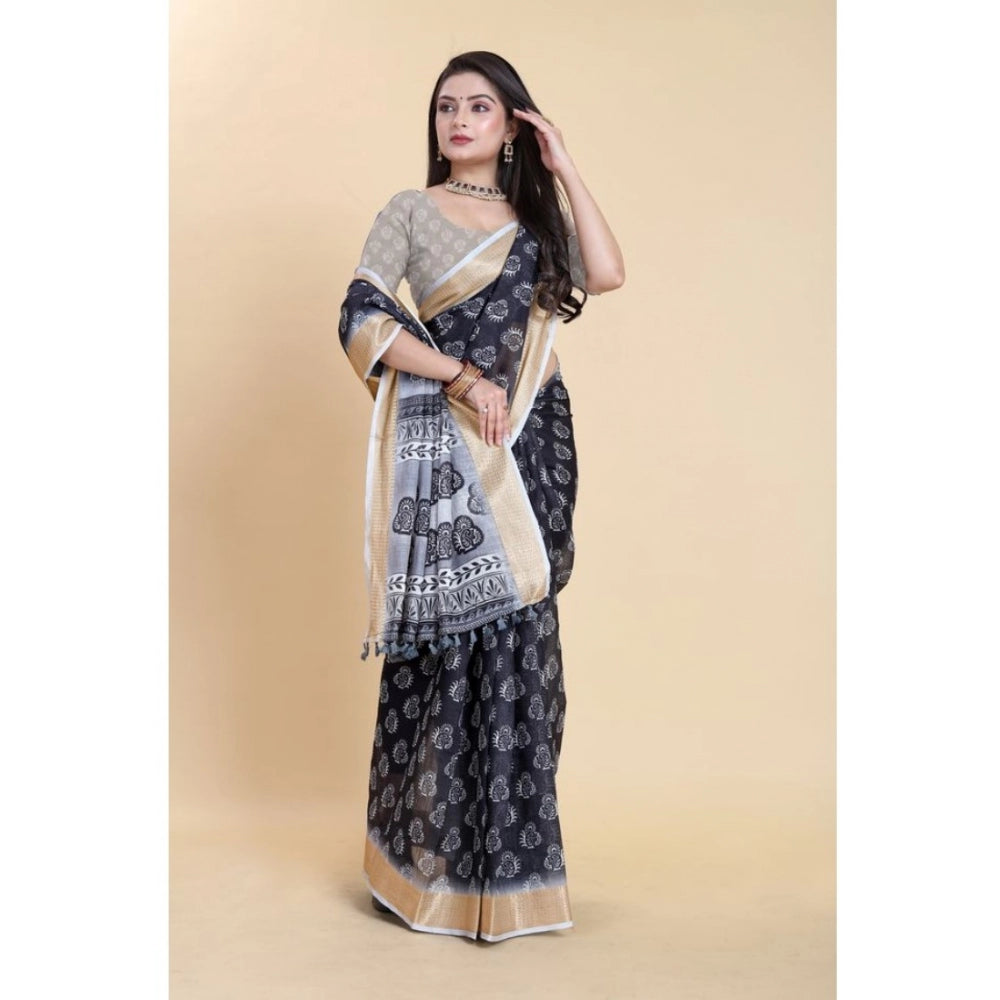 Amfyn Women's Linen Printed Saree With Unstitched Blouse (Black, 5-5 Mtrs)