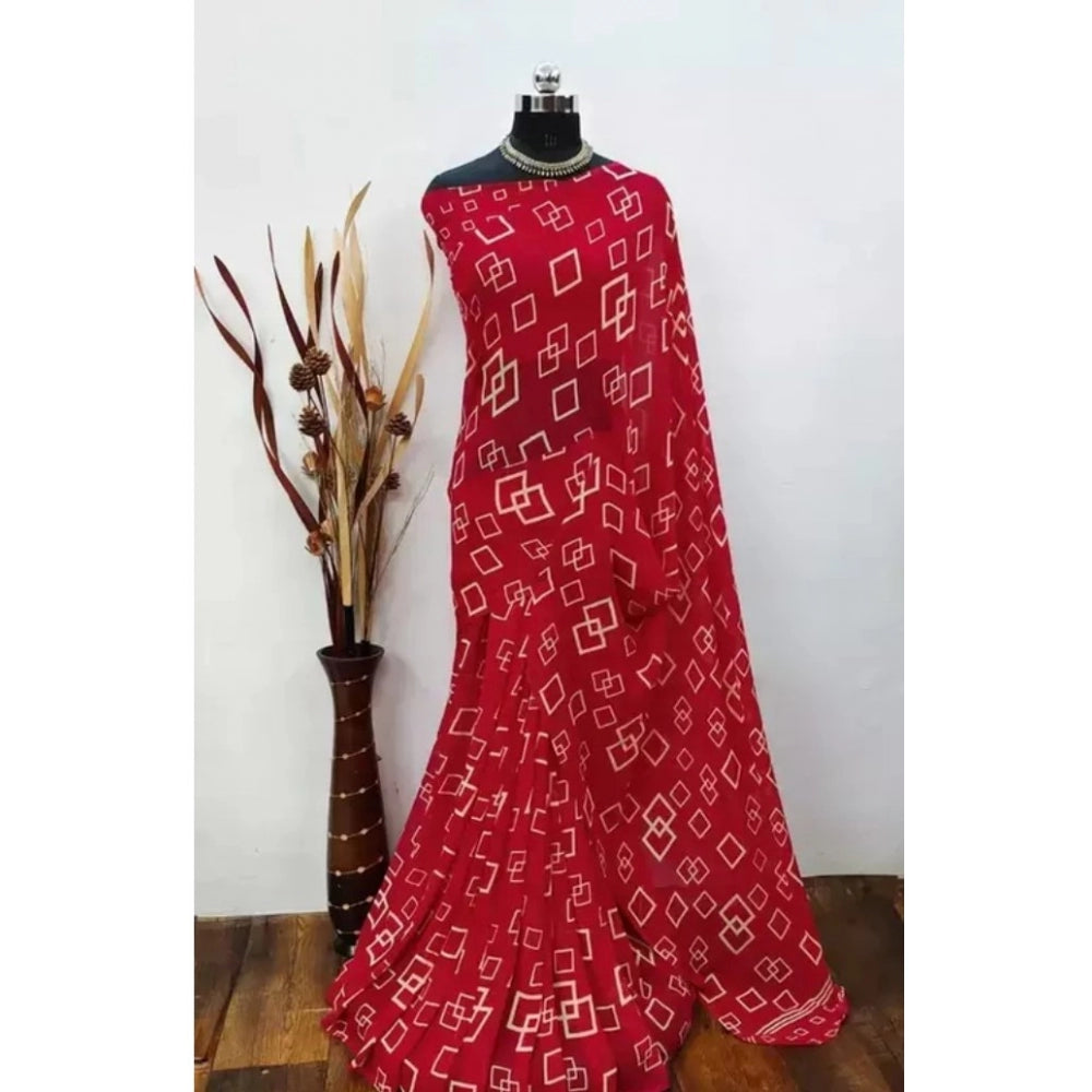 Amfyn Women's Georgette Printed Saree With Unstitched Blouse (Red, 5-5 Mtrs)