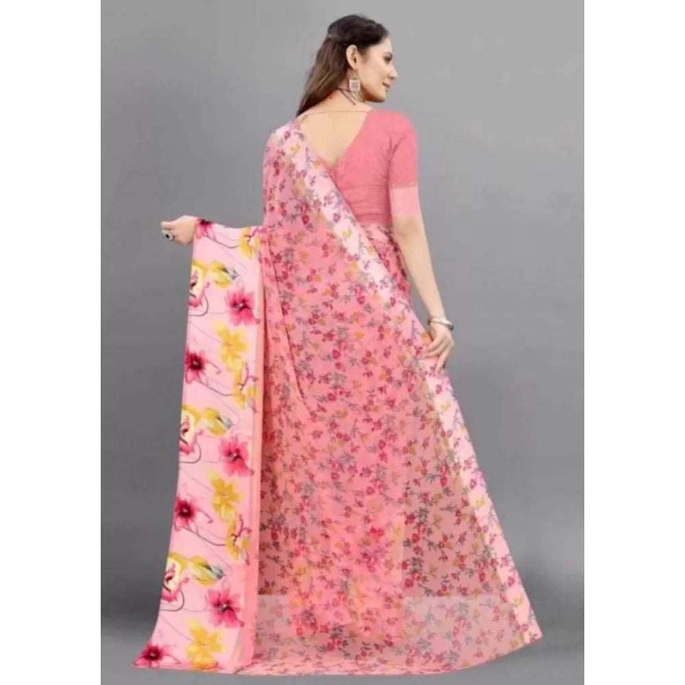 Amfyn Women's Sattin Patta Printed Saree With Unstitched Blouse (Pink, 5-5 Mtrs)