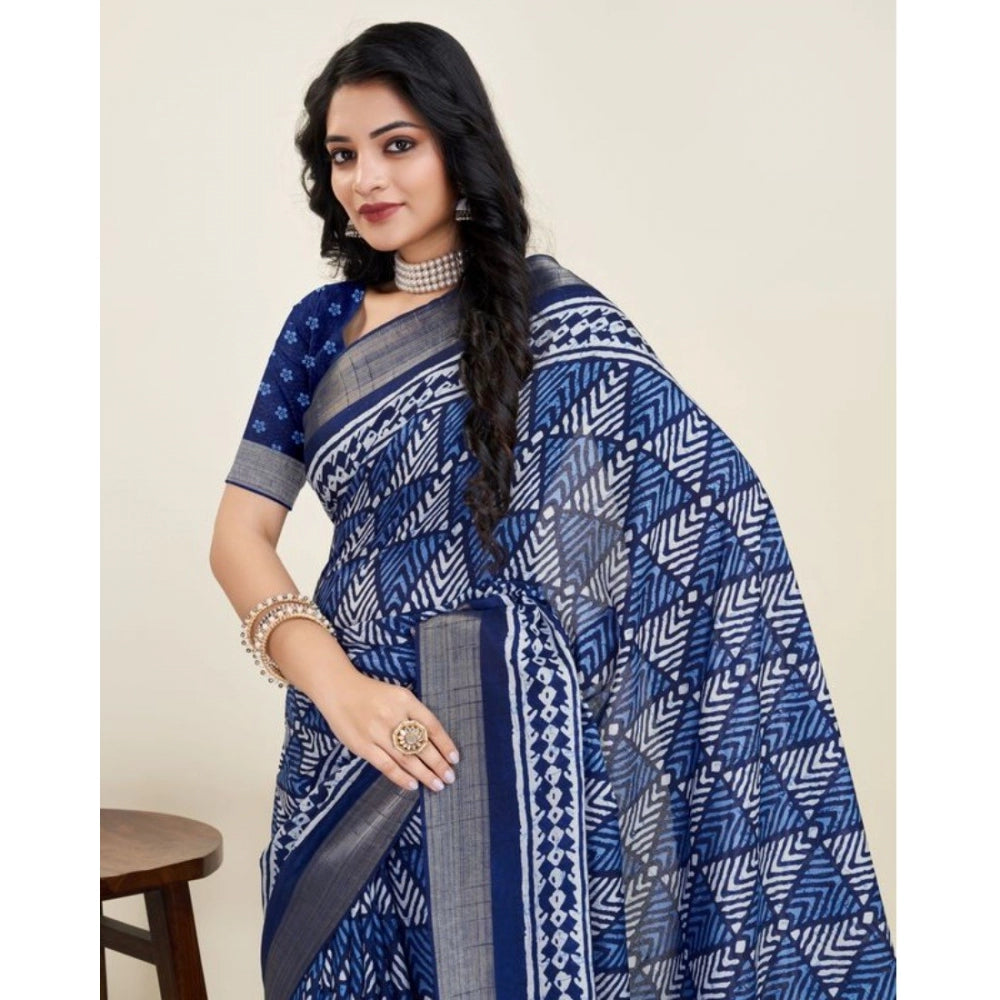 Amfyn Women's Dola Silk Printed Saree With Unstitched Blouse (Blue, 5-5 Mtrs)