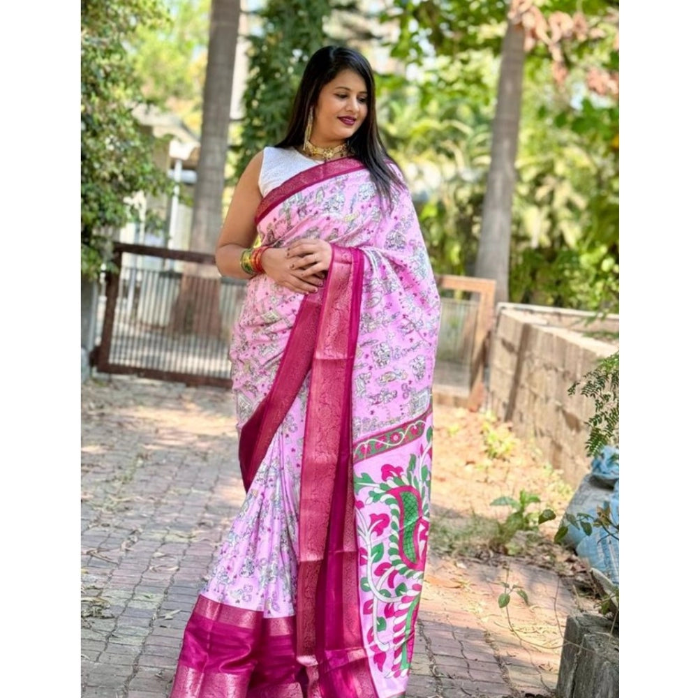 Amfyn Women's Dola Silk Printed Saree With Unstitched Blouse (Pink, 5-5 Mtrs)