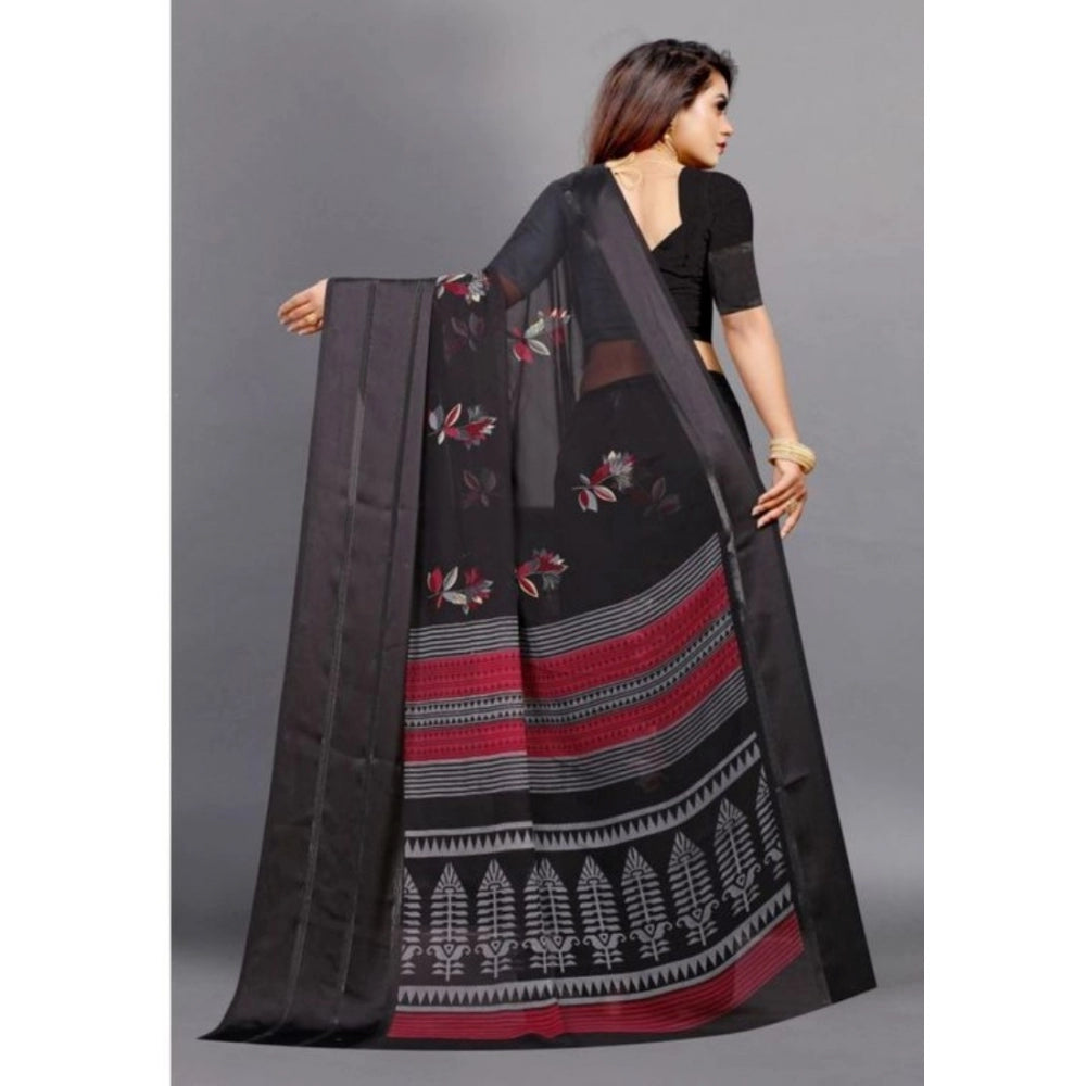 Amfyn Women's Sattin Patta Printed Saree With Unstitched Blouse (Black, 5-5 Mtrs)