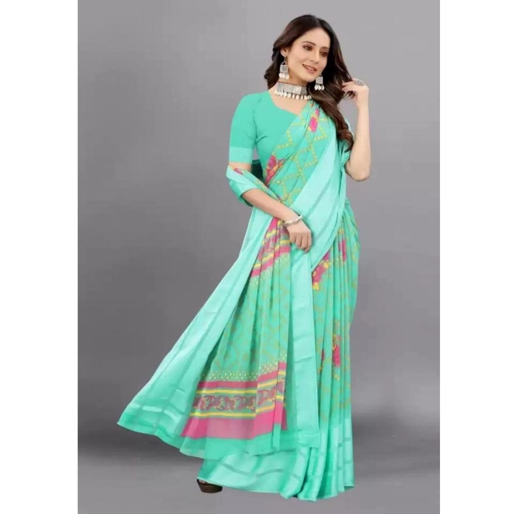 Amfyn Women's Sattin Patta Printed Saree With Unstitched Blouse (Green, 5-5 Mtrs)