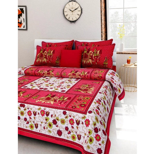 Amfyn Cotton Printed Queen Size Bedsheet With 2 Pillow Covers (Red, 90x100 Inch)