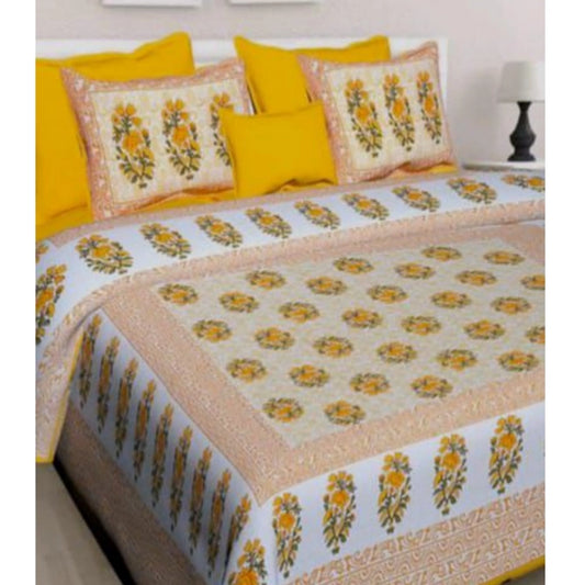 Amfyn Cotton Printed Queen Size Bedsheet With 2 Pillow Covers (Yellow, 90x100 Inch)