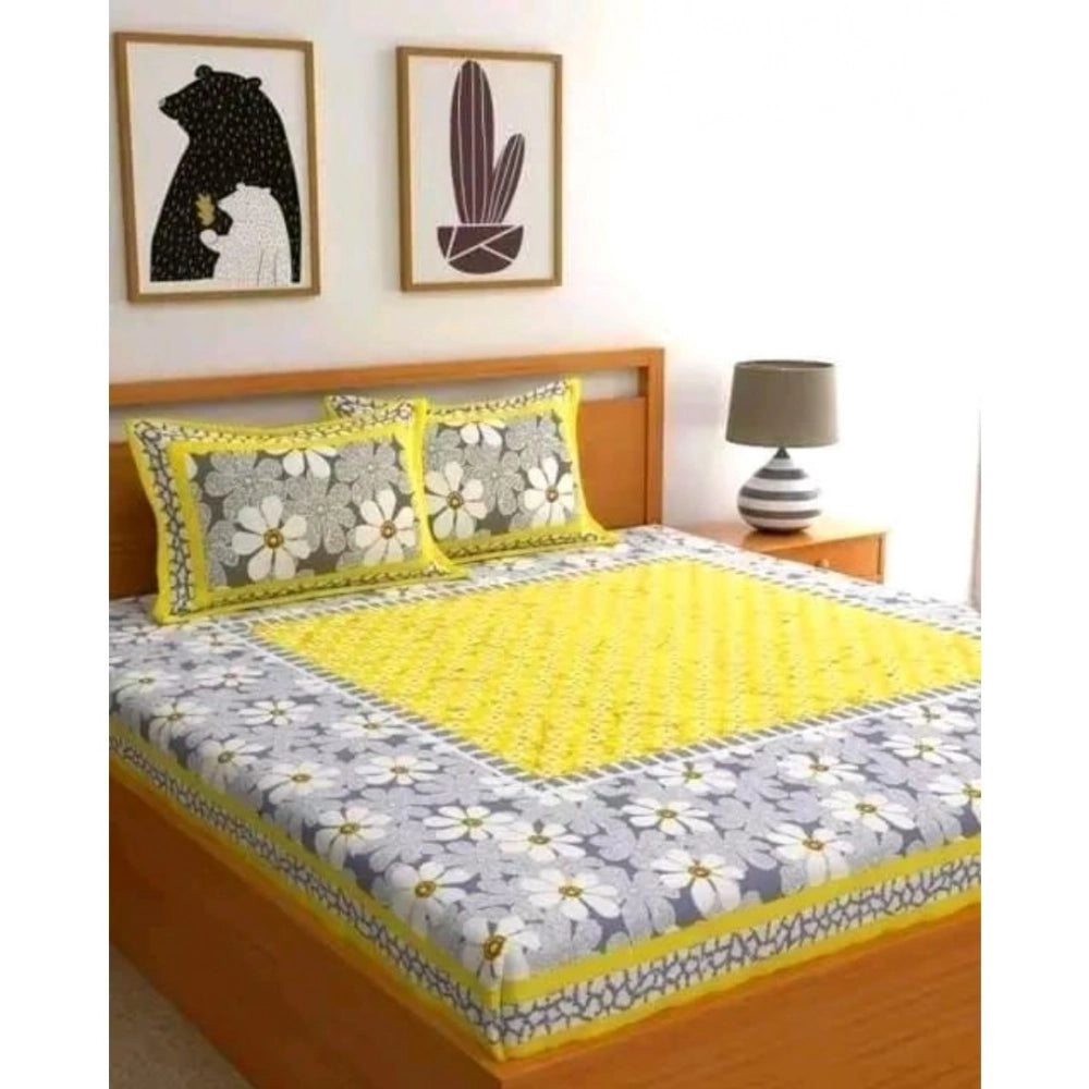 Amfyn Cotton Printed Queen Size Bedsheet With 2 Pillow Covers (Yellow, 90x100 Inch)