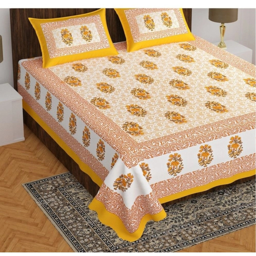 Amfyn Cotton Printed Queen Size Bedsheet With 2 Pillow Covers (Yellow, 90x100 Inch)