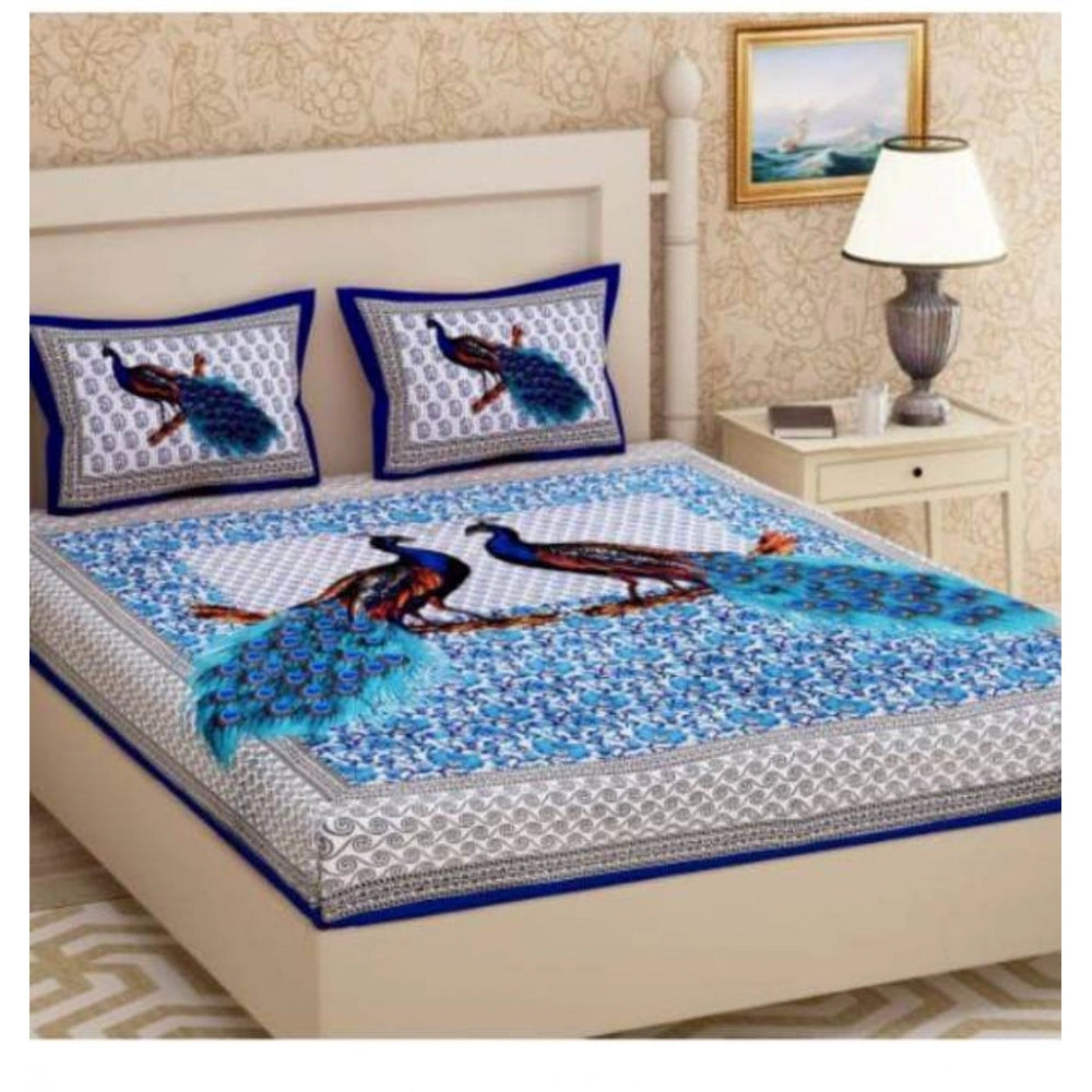 Amfyn Cotton Printed Queen Size Bedsheet With 2 Pillow Covers (Blue, 90x100 Inch)