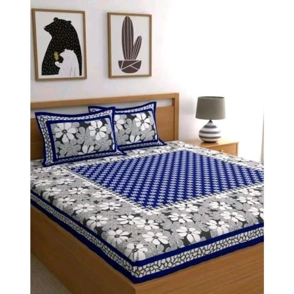 Amfyn Cotton Printed Queen Size Bedsheet With 2 Pillow Covers (Blue, 90x100 Inch)