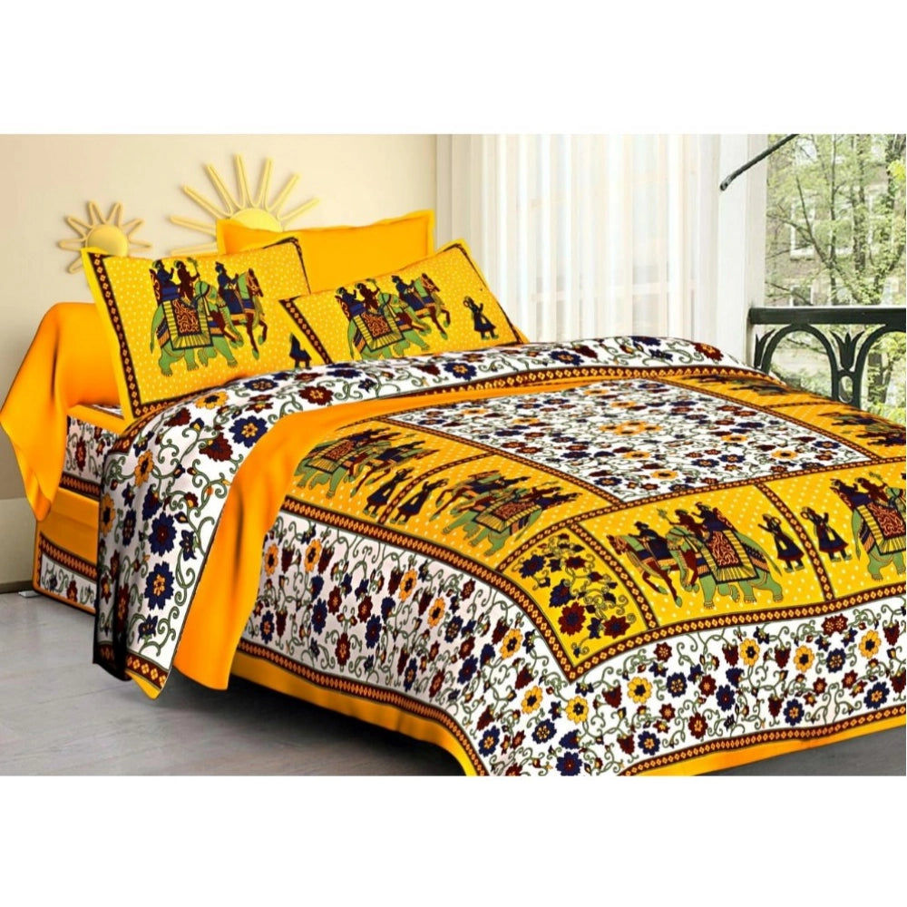 Amfyn Cotton Printed Queen Size Bedsheet With 2 Pillow Covers (Yellow, 90x100 Inch)