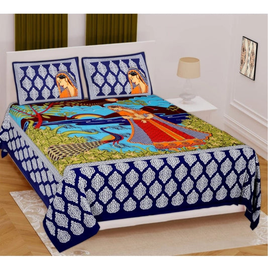 Amfyn Cotton Printed Queen Size Bedsheet With 2 Pillow Covers (Blue, 90x100 Inch)