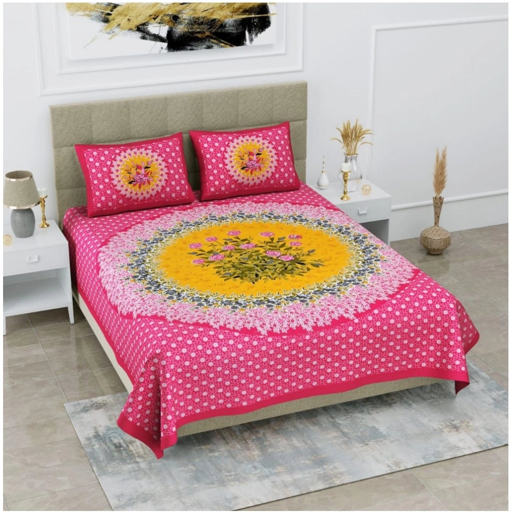 Amfyn Cotton Printed Queen Size Bedsheet With 2 Pillow Covers (Pink, 90x100 Inch)