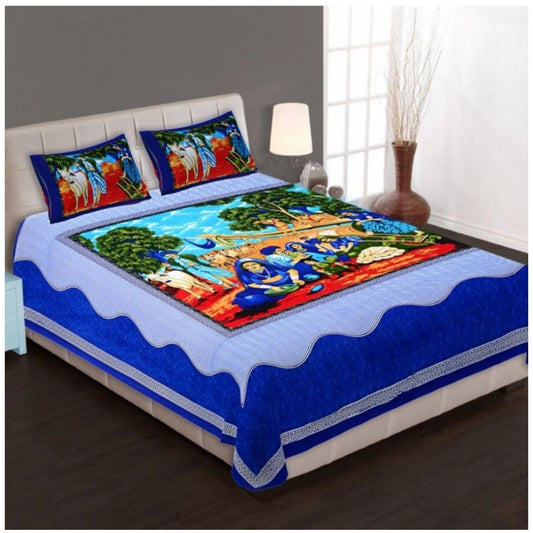 Amfyn Cotton Printed Queen Size Bedsheet With 2 Pillow Covers (Blue, 90x100 Inch)