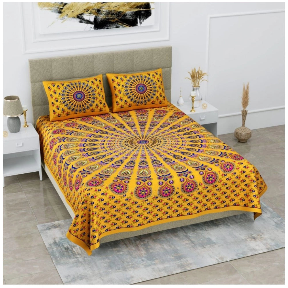 Amfyn Cotton Printed Queen Size Bedsheet With 2 Pillow Covers (Yellow, 90x100 Inch)