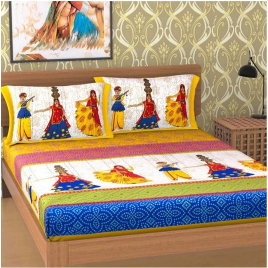 Amfyn Cotton Printed Queen Size Bedsheet With 2 Pillow Covers (Yellow, 90x100 Inch)