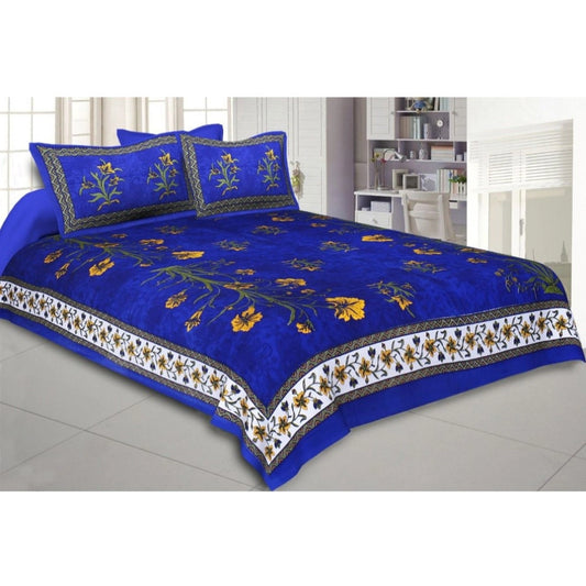 Amfyn Cotton Printed Queen Size Bedsheet With 2 Pillow Covers (Blue, 90x100 Inch)