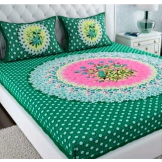 Amfyn Cotton Printed Queen Size Bedsheet With 2 Pillow Covers (Green, 90x100 Inch)