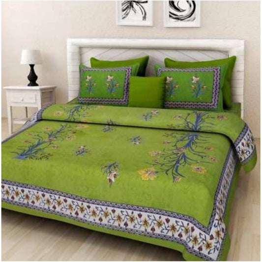 Amfyn Cotton Printed Queen Size Bedsheet With 2 Pillow Covers (Green, 90x100 Inch)