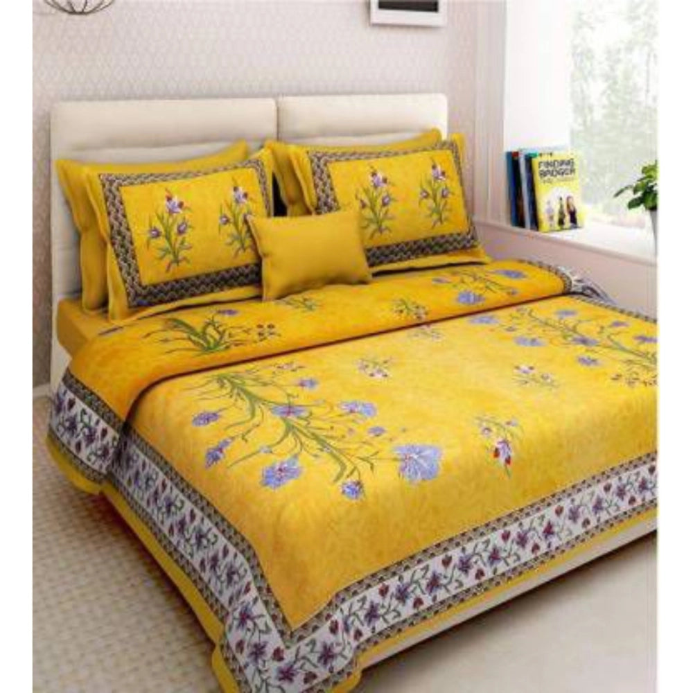 Amfyn Cotton Printed Queen Size Bedsheet With 2 Pillow Covers (Yellow, 90x100 Inch)