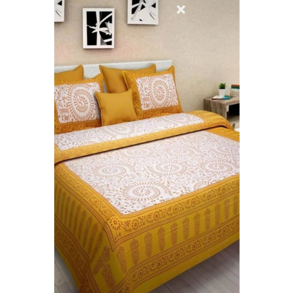 Amfyn Cotton Printed Queen Size Bedsheet With 2 Pillow Covers (Yellow, 90x100 Inch)